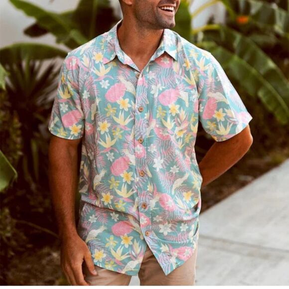 Tipsy Elves Other - TIPSY ELVES MENS LARGE FLORAL PASTEL SHORT SLEEVE BUTTON DOWN HAWAIIAN BIRD